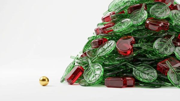 A mountain of stylized green glass spinach and ruby-red geometric meat sculptures towering over a single tiny golden orb, visualizing the impractical volume of food needed for therapeutic Alpha-Lipoic Acid