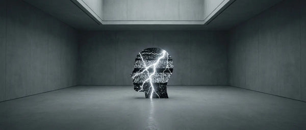 Conceptual illustration of a human silhouette filled with chaotic static, representing the internal mental noise of high cortisol and stress-induced brain fog.