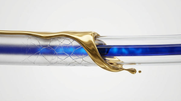 Liquid gold flowing over a cracked glass nerve cable and turning it clear, visualizing Alpha-Lipoic Acid repairing damaged myelin sheaths to treat neuropathy.