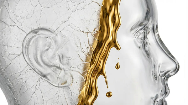 A wave of liquid gold washing over a frosted glass face and leaving it perfectly smooth and clear, visualizing the anti-aging and texturizing benefits of Alpha-Lipoic Acid.