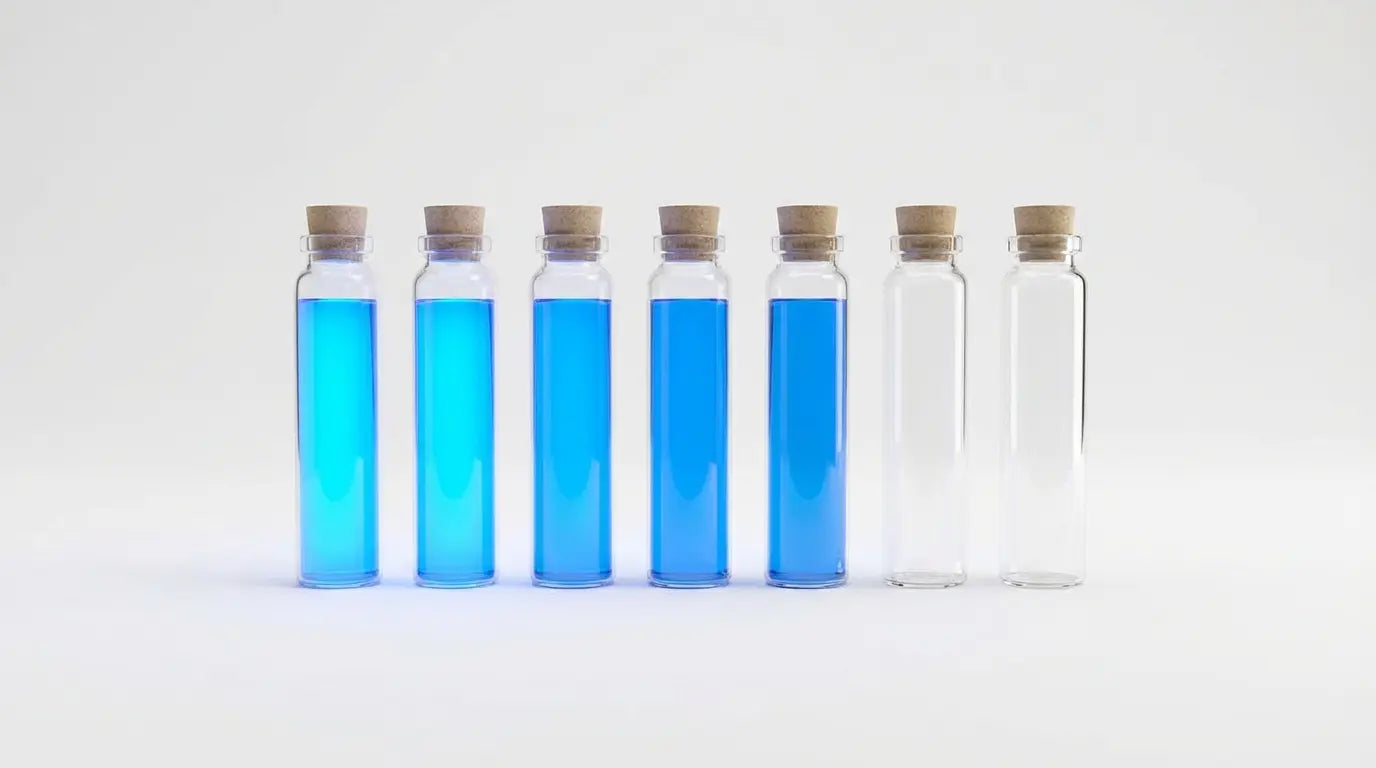 A row of seven glass vials, five filled with blue liquid and two empty, visualizing the 5-days-on, 2-days-off Huperzine A cycling schedule.