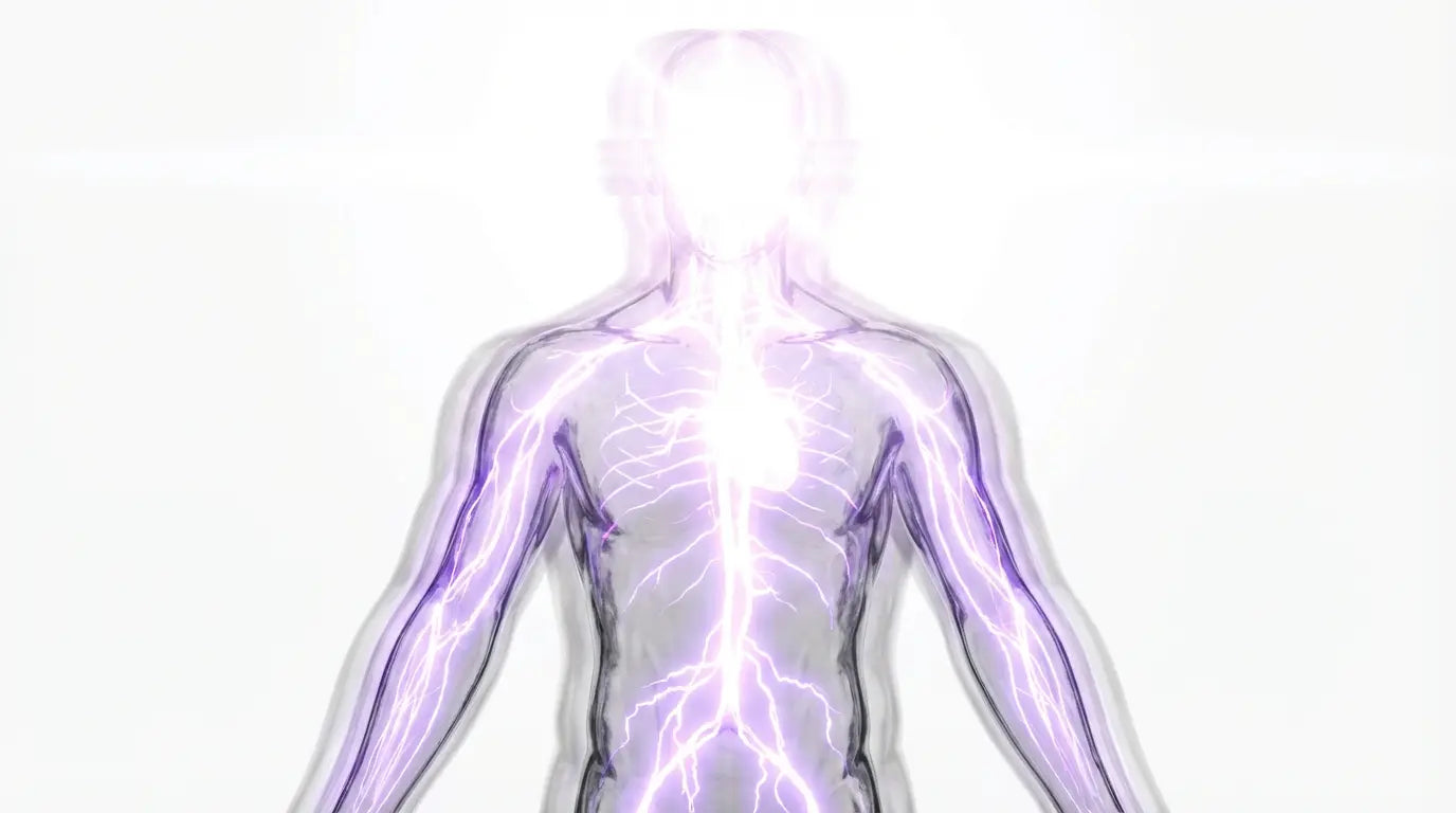Minimalist medical illustration of a human silhouette experiencing sensory overload and blinding brain fog, representing fibromyalgia symptoms.