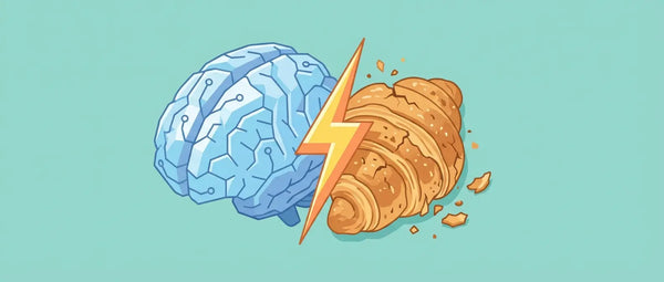 Split brain illustration showing a healthy blue hemisphere versus a 'grain brain' made of bread crumbs, representing the link between gluten sensitivity, inflammation, and brain fog symptoms.