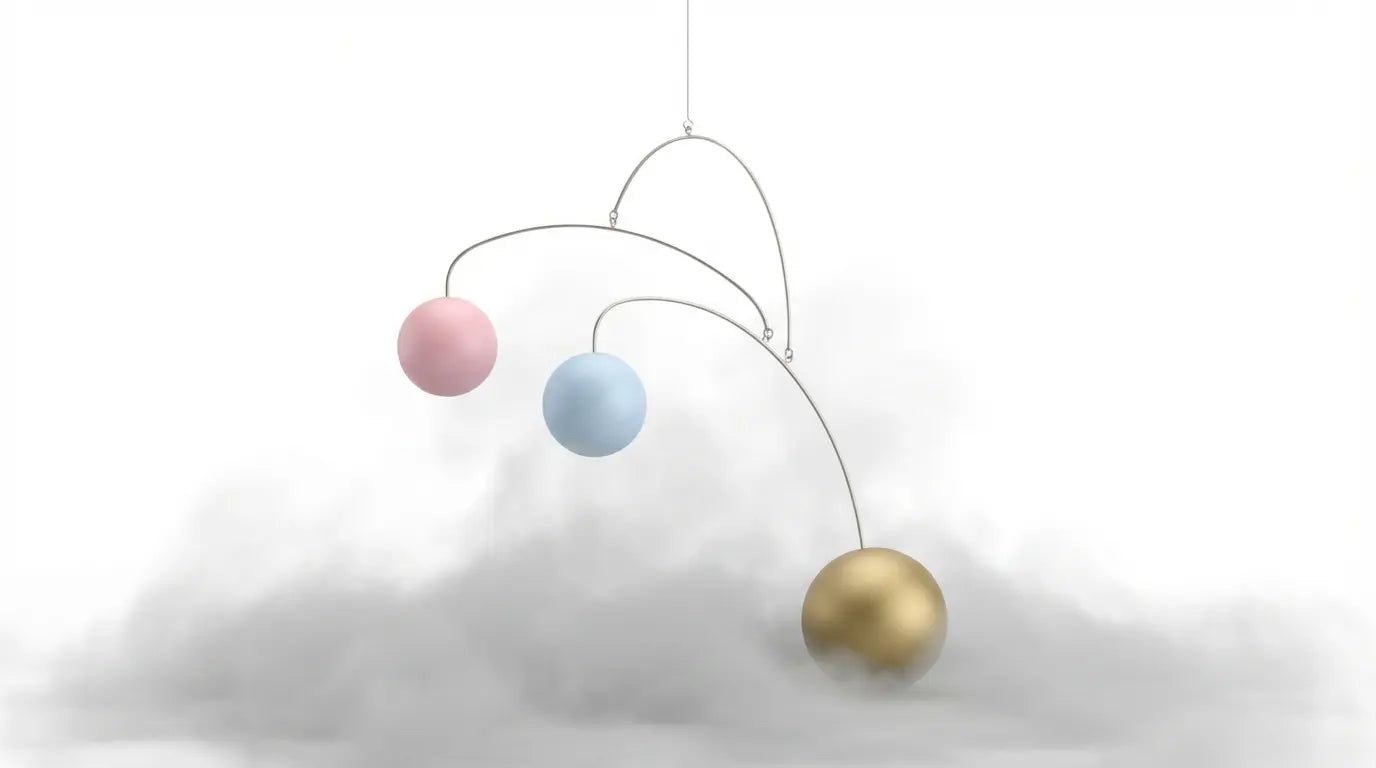 Minimalist art of an unbalanced kinetic mobile sinking into grey mist, symbolizing the hormonal imbalance causing brain fog.