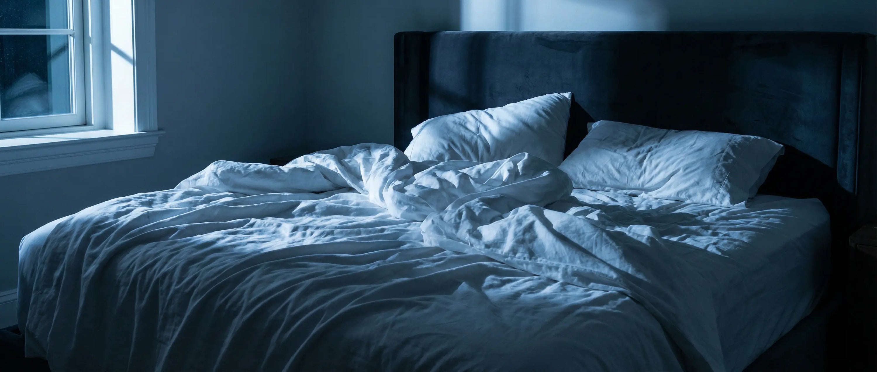 Twisted bed sheets in moonlight representing a restless night and sleep-deprived brain fog.