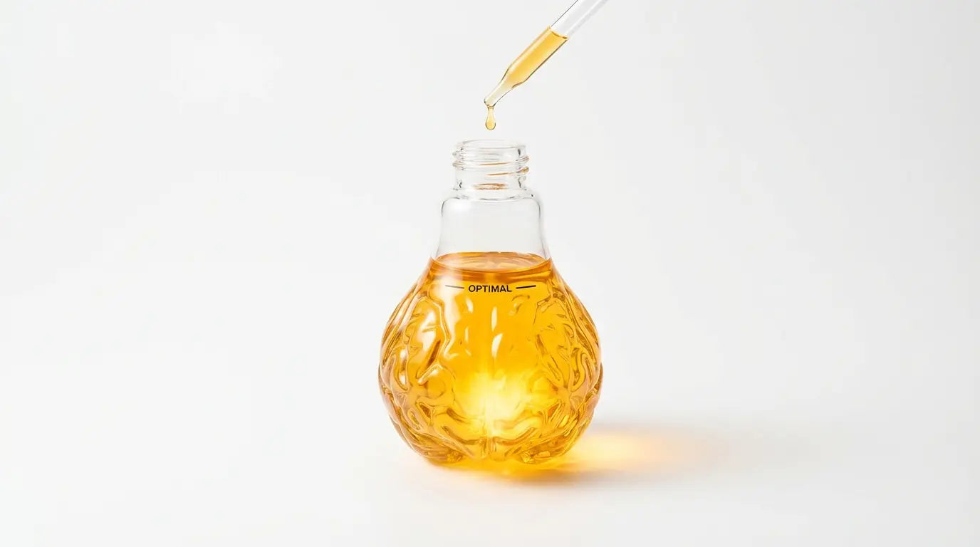 Studio photography of a glass lightbulb vessel filled to the perfect level with glowing golden liquid, visualizing the 200mg dosage of Phosphatidylserine as the optimal saturation point for cognitive energy