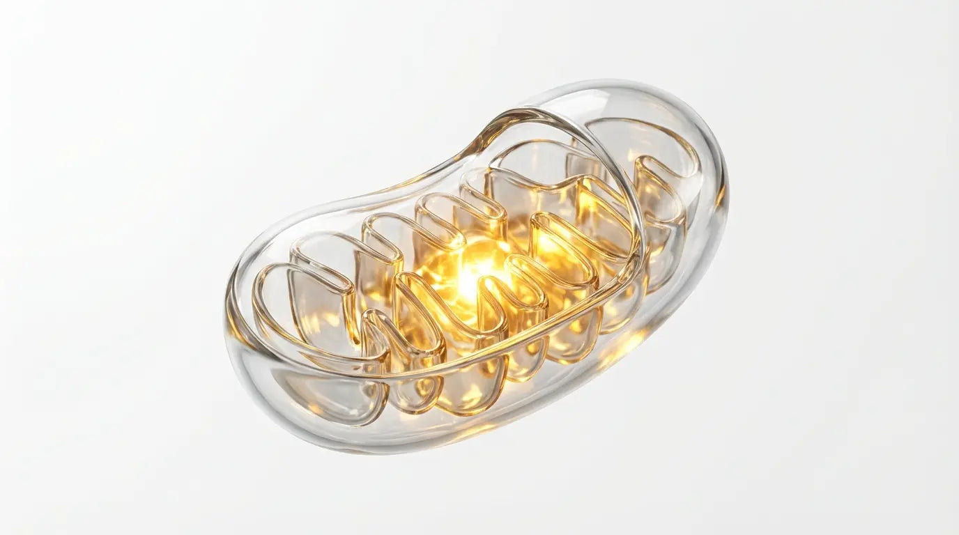 A transparent glass mitochondria with an intensely glowing golden core, visualizing Alpha-Lipoic Acid as the essential fuel source for cellular energy.