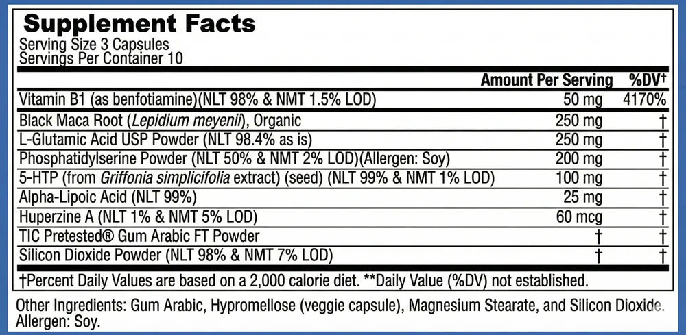The supplement facts label for a dietary supplement containing black maca root, l-glutamic acid powder, phosphatidylserine powder, 5-htp from griffonia simplicifolia extract (seed), alpha-lipoic acid